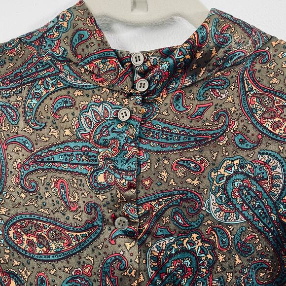 BEAUTIFUL QUEENIE Vtg‎ Paisley 100% Silk Blouse-Button Back-80's 90's- Olive-16 - Picture 2 of 8